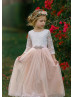 Ivory Lace Blush Pink Tulle V Back Wedding Flower Girl Dress